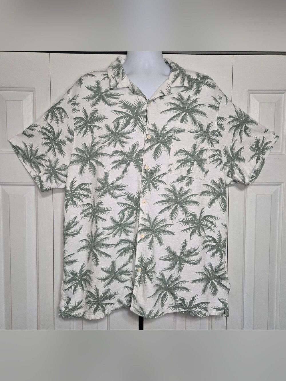 American Eagle Palm Tree Shirt XXL Mens White Green Slub Cotton Resort Beach